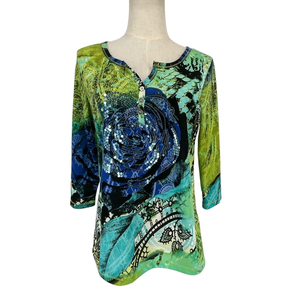 Thomas & Olivia Womens M Green Blue Floral Sequin‎ Henley 3/4 Sleeve Top Shirt